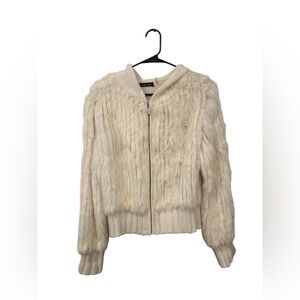 Dolce Cabo 70% Rabbit Fur Zip Up Hoodie Jacket Women’s Large Cream Knit‎ Trim
